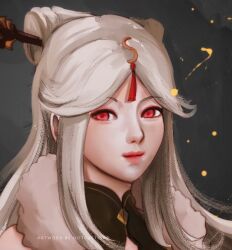  1girl artist_name chinese_hairpin closed_mouth commentary cone_hair_bun english_commentary fur_collar genshin_impact hair_bun hair_ornament hair_stick high_collar light_smile lipstick long_sidelocks looking_at_viewer makeup ningguang_(genshin_impact) notgustiarp parted_bangs pink_lips portrait red_eyes sidelocks sideways_glance smile solo tassel tassel_hair_ornament watermark 