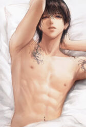  1boy absurdres black_hair eye_contact facing_viewer hair_between_eyes highres looking_at_another looking_at_viewer male_focus nipples nude open_mouth original short_hair solo upper_body weibo_7231663297 