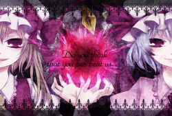  2girls bat_wings blonde_hair blue_hair crystal_wings flandre_scarlet frilled_shirt_collar frills hat kyoma_(yellowxcake) mob_cap multiple_girls red_eyes red_ribbon remilia_scarlet ribbon siblings side_ponytail sisters touhou vampire wings 