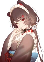  1girl animal_ears apron black_choker black_dress black_hair cat_ears character_request chinese_commentary choker closed_mouth commentary_request copyright_request dress from_side heterochromia highres japanese_clothes kimono long_hair looking_at_viewer low_ponytail maid maid_apron maid_headdress majorinring ponytail red_eyes simple_background solo turning_head upper_body virtual_youtuber white_background yellow_eyes 