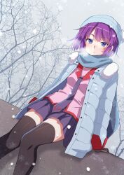 1girl absurdres black_thighhighs blue_coat blue_eyes blue_hat blue_scarf breasts breath closed_mouth clouds cloudy_sky coat commentary dated feet_out_of_frame fur_trim gloves hat highres knit_hat long_sleeves looking_at_viewer manimani_(mani_ma) monogatari_(series) naoetsu_high_school_uniform necktie outdoors pink_shirt pleated_skirt purple_hair scarf school_uniform senjougahara_hitagi shirt short_hair sitting skirt sky snow snowflakes snowing solo thigh-highs tree winter winter_clothes winter_coat 
