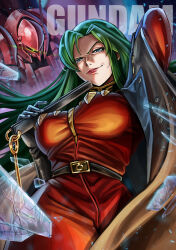  1girl absurdres arm_behind_head belt black_belt black_gloves blue_eyes breasts broken_glass cima_garahau closed_mouth coat collar_tabs copyright_name curtained_hair evil_smile eye_trail falling_shards floating_hair folding_fan gerbera_tetra glass gloves gloves_over_sleeves glowing glowing_eye green_eyes green_hair grey_coat gundam gundam_0083 half-closed_eyes hand_fan high_collar highres holding holding_fan jacket large_breasts light_smile light_trail lipstick long_coat long_hair long_sidelocks looking_at_viewer makeup mature_eyes mature_female mecha military_uniform mobile_suit narrowed_eyes null_oekaki one-eyed_mecha open_clothes open_coat partially_shaded_face pink_lips projected_inset radio_antenna red_jacket robot science_fiction sidelocks smile solo tear_troughs tight_clothes trench_coat upper_body v-shaped_eyebrows zeon 