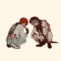  2boys absurdres akehoshi_subaru back_cutout belt beret black_gloves black_ribbon blue_eyes blue_pants brown_hair chain chain_necklace chiominzoku clothing_cutout commentary ensemble_stars! fingerless_gloves full_body gloves grey_hair hair_between_eyes hat heart heart_in_mouth highres invisible_floor jacket jewelry long_sleeves looking_at_viewer male_focus multiple_boys necklace official_alternate_costume ogami_koga open_clothes open_jacket open_mouth orange_hair pants ribbon short_hair simple_background squatting tongue tongue_out white_background white_belt white_jacket white_pants yellow_eyes 