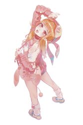  1girl absurdres adjusting_clothes adjusting_headwear animal_bag animal_ear_headwear animal_ears ankle_socks asymmetrical_sidelocks bag bare_legs baseball_cap blonde_hair blue_skirt blushbunny_(infinity_nikki) bouncy_spirit_(infinity_nikki) bow bow_legwear chinese_commentary choker commentary_request dot_nose eyelashes fake_animal_ears fang from_behind full_body fur-trimmed_jacket fur_trim happy hat head_tilt highres holding holding_bag infinity_nikki jacket kneepits light_blush long_hair long_sleeves looking_at_viewer looking_back loose_socks miniskirt nikki_(series) off-shoulder_jacket off_shoulder open_mouth pink_bag pink_bow pink_choker pink_eyes pink_hat pink_jacket pom_pom_(clothes) puffy_long_sleeves puffy_sleeves rabbit rabbit_bag rabbit_ears shoes shoulder_bag sidelocks simple_background skin_fang skirt sleeves_past_wrists smile sneakers socks solo star_(symbol) tank_top two-tone_hat wavy_hair white_background white_socks white_tank_top yellow_hat yellow_shoes zuiaihuasansong 
