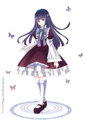  1girl artist_name bad_id bad_pixiv_id black_dress black_shoes blue_bow blue_bowtie blue_eyes blunt_bangs blunt_ends bow bowtie bug butterfly commentary dress english_text frederica_bernkastel frilled_dress frilled_sleeves frills full_body gothic_lolita gradient_butterfly highres hime_cut kneehighs lolita_fashion long_hair long_sleeves mary_janes orange_butterfly puffy_short_sleeves puffy_sleeves purple_butterfly purple_hair shoes short_sleeves simple_background socks standing two-tone_dress umineko_no_naku_koro_ni web_address white_background white_dress white_socks wide_sleeves witch zhanzhan_lan 