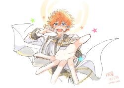  1boy akehoshi_subaru blue_eyes blush character_name commentary cropped_torso ensemble_stars! foreshortening hair_between_eyes highres holding holding_microphone jacket kirabaru62 korean_commentary long_sleeves male_focus microphone official_alternate_costume open_clothes open_jacket open_mouth orange_hair outstretched_arm shirt short_hair simple_background smile solo star_(symbol) teeth upper_teeth_only white_background white_jacket white_shirt 