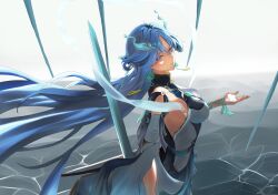  1girl absurdres blue_eyes blue_hair breasts commentary_request dress fiery_horns floating floating_object floating_sword floating_weapon full_body highres holding horns large_breasts long_hair looking_at_viewer multiple_swords multiple_weapons qingxiao_(wuthering_waves) solo sword weapon white_dress wuthering_waves 