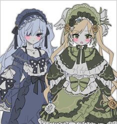  2girls bare_shoulders black_bow black_bowtie black_capelet black_flower black_ribbon black_rose blonde_hair blue_dress blue_hairband bonnet bow bow_flower bowtie capelet collarbone commentary crescent crescent_necklace dot_nose dress dress_bow flower frilled_capelet frilled_dress frilled_hairband frilled_skirt frilled_sleeves frills gothic_lolita green_bonnet green_eyes hair_flower hair_ornament hair_over_one_eye hair_ribbon hairband hands_on_own_hips highres i_became_a_dog jewelry layered_dress lolita_fashion lolita_hairband long_hair long_sleeves looking_at_viewer mahou_shoujo_no_majo_saiban multiple_girls natsume_an-an necklace off-shoulder_dress off_shoulder open_mouth polka_dot polka_dot_bow ribbon rose simple_background skirt sleeve_bow sleeves_past_fingers sleeves_past_wrists tono_hanna tulip twintails two-tone_dress untranslatable_commentary violet_eyes white_background white_flower white_hair white_rose white_tulip wide_sleeves winged_hat yellow_flower yellow_rose 