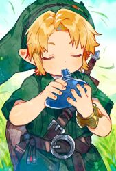  1boy arms_up belt belt_buckle blonde_hair bracelet brown_belt buckle chest_belt closed_eyes commentary cowboy_shot curtained_hair dot_nose field grass green_hat hair_behind_ear hat highres holding holding_instrument instrument jewelry link male_focus nemui_(nemuriyagi) ocarina outdoors parted_hair playing_instrument shield shield_on_back short_hair solo sword sword_on_back the_legend_of_zelda the_legend_of_zelda:_ocarina_of_time untranslatable_commentary weapon weapon_on_back young_link 