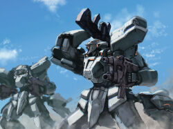  assault_visor blue_sky commentary_request day dual_wielding dust f-15e_strike_eagle_(muv-luv) grenade_launcher gun holding holding_gun holding_weapon machine_gun mecha mecha_focus muv-luv muv-luv_alternative no_humans orange_assault_visor outdoors ra_(pixiv120326) robot science_fiction sky tactical_surface_fighter underbarrel_grenade_launcher upper_body weapon 