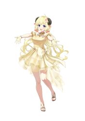  1girl absurdres ahoge animal_ears artist_request bare_shoulders beckoning blonde_hair bow breasts cocktail_dress commentary_request detached_sleeves dress full_body gloves gold_necklace gold_sandals hair_ornament hairclip halter_dress halterneck high_heel_sandals high_heels highres hololive horns hugging_viewer impossible_clothes impossible_dress jewelry large_bow large_breasts long_hair necklace official_alternate_costume official_alternate_hairstyle official_art outstretched_arms puffy_detached_sleeves puffy_short_sleeves puffy_sleeves reaching reaching_towards_viewer sandals second-party_source see-through_clothes see-through_dress_layer sheep_ears sheep_girl sheep_horns short_dress short_sleeves solo standing standing_on_one_leg tight_clothes tsunomaki_watame twintails violet_eyes virtual_youtuber waist_bow yellow_dress yellow_gloves 