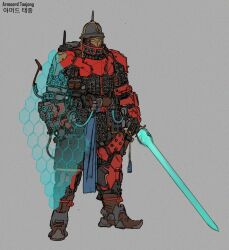  1other absurdres armor commission energy_barrier energy_shield energy_sword english_commentary full_body grey_background hexagonal_tile highres korean_text ministerovvox original red_armor simple_background solo sword weapon 