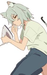  1girl animal_ears barefoot blue_pants cat_ears cat_girl cat_tail cigarette cinna_hds commentary green_hair green_shirt half-closed_eyes highres holding holding_cigarette lying medium_hair monochrome on_side pants satou_yaniko shirt short_sleeves simple_background smoking solo tail untranslatable_commentary white_background yani_neko 