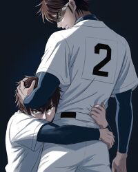 2boys absurdres arms_around_another's_waist baseball_uniform black_background black_shirt brown_eyes brown_hair commentary_request cowboy_shot daiya_no_ace hand_on_another's_head highres layered_sleeves long_sleeves looking_at_viewer looking_back male_focus mimimimi_10969 miyuki_kazuya multiple_boys pants parted_lips sawamura_eijun shirt short_hair short_over_long_sleeves short_sleeves simple_background sportswear standing sunglasses white_pants white_shirt 
