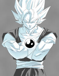  absurdres amayuki318 biceps broad_shoulders candy commentary_request crossed_arms dougi dragon_ball dragon_ball_z earrings food gloves grey_background hair_behind_ear highres jewelry light_smile looking_at_viewer martial_arts_belt monochrome muscular muscular_male orb parted_bangs pectorals potara_earrings short_sleeves simple_background sleeveless super_saiyan thick_eyebrows thick_neck undershirt upper_body vegetto white_gloves 