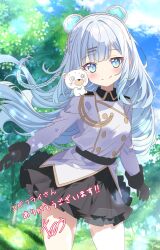  1girl animal_ear_hairband animal_ears aruka_(alka_p1) bear_ear_hairband bear_ears belt black_belt black_gloves black_skirt blue_eyes blue_hair blue_sky buttons clouds collared_shirt commentary_request cowboy_shot double-breasted fake_animal_ears gloves grass hair_ornament hairband hairclip highres long_hair long_sleeves outdoors parallel_hairclips pleated_skirt project_nebula second-party_source shirt skirt sky solo tongue tongue_out tree usui_yura very_long_hair virtual_youtuber white_shirt 
