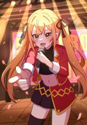 1girl belt black_ribbon black_shirt black_skirt black_thighhighs blonde_hair blush breasts commentary_request cowboy_shot crop_top cropped_jacket finger_gun gold_belt hair_ribbon highres holding holding_microphone inda_karane jacket kimi_no_koto_ga_dai_dai_dai_dai_daisuki_na_100-nin_no_kanojo long_hair microphone midriff miniskirt navel open_clothes open_jacket open_mouth red_jacket ribbon shiny_skin shirt simple_background skindentation skirt sleeves_rolled_up solo stage stage_lights standing stomach teana_fm thigh-highs translation_request twintails yellow_eyes 