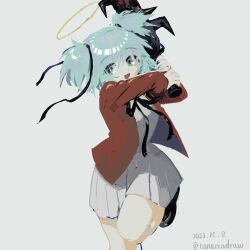  1girl :d aqua_hair artist_name black_ribbon blazer blush bokusatsu_tenshi_dokuro-chan canariadraw club_(weapon) collared_shirt commentary dated excalibolg grey_background grey_eyes grey_shirt grey_skirt hair_between_eyes hair_ribbon halo highres holding holding_weapon jacket leg_up long_sleeves looking_at_viewer mitsukai_dokuro neck_ribbon open_clothes open_jacket open_mouth pleated_skirt red_jacket ribbon school_uniform shirt shoes short_hair short_twintails simple_background skirt smile solo spiked_club standing standing_on_one_leg twintails twitter_username two_side_up untranslatable_commentary weapon white_shirt 