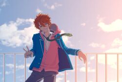  1boy akehoshi_subaru blazer blue_eyes blue_jacket chiominzoku closed_mouth clouds commentary cowboy_shot ensemble_stars! gradient_sky green_necktie grey_pants hair_between_eyes highres hood hood_down hooded_jacket jacket lapels long_sleeves male_focus necktie orange_hair outdoors pants pink_jacket railing school_uniform short_hair sky smile v yumenosaki_school_uniform 