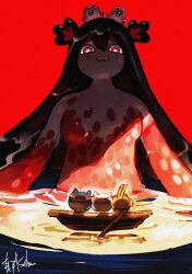  1girl :3 asahina_sho black_hair boat bright_pupils character_request chiikawa closed_mouth colored_skin giant giantess highres liquid_hair long_hair monster_girl partially_submerged red_background red_eyes red_skin signature simple_background siren_(chiikawa) slime_girl smile very_long_hair water watercraft white_pupils 