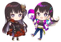  1girl :d belt black_boots black_kimono blue_pants blunt_bangs blush_stickers boots bow bright_pupils brown_eyes brown_hair buttons character_request chibi chibi_only closed_mouth commentary_request copyright_request fang full_body hair_bow hair_ornament hairclip hand_fan holding holding_fan jacket japanese_clothes kimono long_hair long_sleeves looking_at_viewer midriff multiple_views navel open_clothes open_jacket open_mouth outstretched_arm pants red_bow shoes shuu_(syuuuuuuuuuu) simple_background smile sneakers standing very_long_hair white_background white_jacket white_pupils wide_sleeves x_hair_ornament yellow_belt 