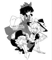  2girls apron ascot bloomers bow braid broom broom_riding commentary_request detached_sleeves dress embodiment_of_scarlet_devil greyscale hair_bow hakurei_reimu hat hat_bow highres kirisame_marisa medium_hair monochrome multiple_girls natsume_(menthol) open_mouth petticoat puffy_short_sleeves puffy_sleeves shirt short_sleeves single_braided_sidelock smile socks touhou twitter_username watermark white_background witch_hat 