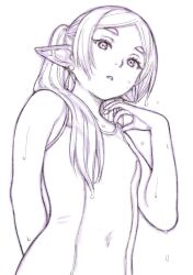  1girl arm_behind_back breasts commentary_request earrings frieren from_below greyscale highres jewelry looking_at_viewer monochrome one-piece_swimsuit petite pointy_ears profile small_breasts solo sousou_no_frieren swimsuit teardrop_earrings twintails upper_body wet wet_hair yug_(ekaki) 
