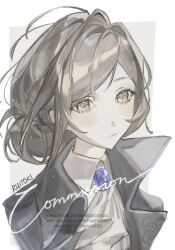  1girl artist_name ascot black_coat border closed_mouth coat commission grey_background grey_eyes grey_hair hair_bun highres outside_border reverse:1999 ruitoki shirt short_hair single_side_bun solo upper_body vertin_(reverse:1999) vgen_commission watermark white_ascot white_border white_shirt 