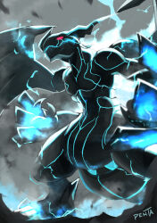  black_wings commentary_request dragon electricity highres no_humans penta_oekaki pokemon pokemon_(creature) pokemon_focus red_eyes solo standing wings zekrom 