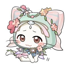  :3 animal_print artist_request ball_hands beads blue_bow blue_bowtie blush_stickers bow bowtie brooch brown_eyes butterfly_print chibi cloak closed_mouth cropped_legs ear_covers flower flower_brooch frilled_cloak green_cloak hands_on_lap happy hood hood_up hooded_cloak infinity_nikki jewelry looking_at_viewer momo_(flower_fairy)_(infinity_nikki) momo_(nikki) motion_lines nikki_(series) no_humans official_alternate_costume official_art orange_flower own_hands_together pink_flower plant print_hood smile solo sticker_(medium) tareme transparent_background vines whiskers yellow_flower 