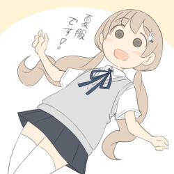  1girl :d black_skirt blue_ribbon blush brown_background brown_hair collared_shirt dutch_angle hair_ornament hairclip juukyuu long_hair looking_at_viewer low_twintails neck_ribbon original pleated_skirt rabbit_hair_ornament ribbon school_uniform shirt short_sleeves skirt smile solid_circle_eyes solo sweater_vest thigh-highs translation_request twintails two-tone_background very_long_hair white_background white_shirt white_thighhighs 