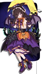  1girl absurdres animal_ears bat_(animal) boli_zhu_(agay1996) boots bow bowtie brown_hair brown_shirt claw_pose commentary_request crescent_moon drop_shadow eyes_visible_through_hair fang flat_chest frilled_hairband frills full_body furrowed_brow gloves hairband hands_up highres horse_ears horse_girl horse_tail layered_skirt long_hair looking_at_viewer moon open_mouth purple_boots purple_gloves rice_shower_(umamusume) rice_shower_(vampire_makeover!)_(umamusume) shirt skirt socks solo tail umamusume violet_eyes wings 
