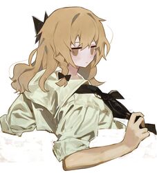  1girl absurdres alternate_costume alternate_hair_color bangs black_bow black_necktie blush bow braid breasts brown_eyes brown_hair closed_mouth collared_shirt from_behind grey_shirt hair_between_eyes hair_bow haru_(ririne9999rine) highres kirisame_marisa light_brown_hair long_hair looking_at_viewer looking_back medium_breasts necktie no_hat no_headwear puffy_short_sleeves puffy_sleeves shirt short_sleeves simple_background single_braid sitting solo touhou white_background 