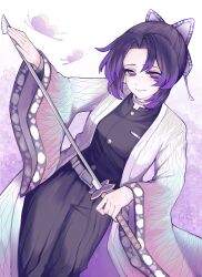  1girl absurdres animal_print belt black_hair breasts bug butterfly butterfly_hair_ornament butterfly_print butterfly_print_haori closed_mouth commentary demon_slayer_uniform feet_out_of_frame hair_ornament haori highres holding holding_sword holding_weapon japanese_clothes kimetsu_no_yaiba kochou_shinobu long_sleeves looking_at_viewer multicolored_hair no_pupils parted_bangs print_haori purple_butterfly purple_streaks short_hair shuuaki_0 sidelocks small_breasts smile solo streaked_hair sword untranslatable_commentary violet_eyes weapon white_belt 