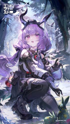  1girl arknights arknights:_endfield artist_request bare_shoulders bird black_gloves black_horns black_overskirt black_thighhighs boots breasts copyright_logo copyright_notice curved_horns demon_girl demon_horns detached_sleeves framed_breasts full_body gloves headgear headlamp highres horns large_breasts logo long_hair looking_at_animal official_art open_mouth outdoors purple_hair rabbit ringlets snow solo squatting tail teeth thigh-highs typhoeus_(arknights) typhon_(arknights) underbust upper_teeth_only violet_eyes 