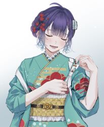  1girl ahoge aqua_kimono blush braid closed_eyes commentary_request egasumi floral_print floral_print_kimono flower gradient_background hair_flower hair_ornament highres japanese_clothes kimono nanase_suzuna nanase_suzuna_(4th_costume) nijisanji obi obijime open_mouth print_kimono purple_hair sash solo takotsubo_asase tying virtual_youtuber 