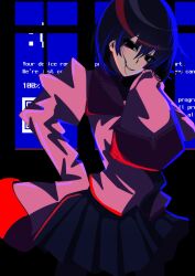  1girl bags_under_eyes black_eyes black_hair black_skirt blue_screen_of_death bob_cut closed_eyes commentary dark empty_eyes english_text frown glitch hair_between_eyes hair_in_own_mouth hand_on_own_hip hand_up head_tilt highres indoors juliet_sleeves kouichi_(remember_ko1ch1) long_sleeves looking_at_viewer loose_hair_strand messy_hair monogatari_(series) oshino_ougi owarimonogatari parted_lips pink_shirt pleated_skirt puffy_long_sleeves puffy_sleeves red_trim shirt short_hair skirt sleeves_past_fingers sleeves_past_wrists smile solo standing window 