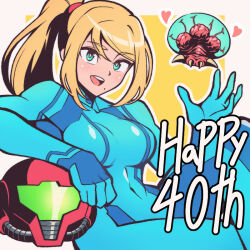 1girl alien assault_visor blonde_hair blue_eyes border breasts commentary covered_navel english_text green_assault_visor happy_anniversary heart helmet large_breasts long_hair looking_at_viewer mandibles metroid metroid_(creature) metroid_larva mole mole_under_mouth nuclei open_mouth pechamaju pink_border ponytail red_helmet samus_aran science_fiction smile teeth upper_teeth_only waving yellow_background zero_suit 