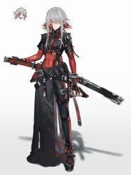  1girl belt_buckle black_bodysuit bodysuit buckle commentary covered_navel full_body grey_hair hair_intakes highres holding holding_sword holding_weapon looking_at_viewer multicolored_bodysuit multicolored_hair nilzynox orange_eyes original pelvic_curtain red_bodysuit red_hair red_streaks scabbard sheath sheathed short_hair sidelocks simple_background standing streaked_hair sword untranslatable_commentary weapon 