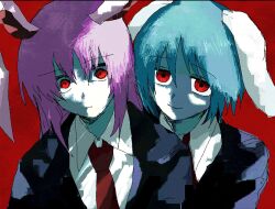 2girls animal_ears black_jacket blue_hair cha_syu_oic closed_mouth collared_shirt commentary expressionless highres jacket long_hair looking_at_viewer medium_hair multiple_girls necktie purple_hair rabbit_ears rabbit_girl red_background red_eyes red_necktie reisen_(touhou_bougetsushou) reisen_udongein_inaba shirt smile touhou upper_body white_shirt 