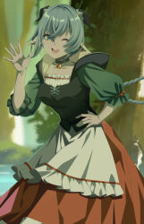  1girl absurdres animal_ears blue_hair braid breasts choker commentary_request goat_ears goat_girl goat_horns hair_between_eyes hand_up highres horns inuuidwy large_breasts long_hair looking_at_viewer lucia_elowen one_eye_closed open_mouth pointy_ears smile solo yellow_eyes zenless_zone_zero 