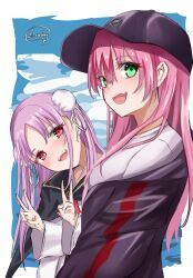  2girls :d absurdres aikawa_megumi aikawa_megumi_(casual) ascot baseball_cap black_cape black_hat black_jacket blue_background blush border brainporain bun_cover cape commentary diamond-shaped_pupils diamond_(shape) double_bun double_v eyes_visible_through_hair fang flower from_side green_eyes hair_between_eyes hair_bun hair_down hair_flower hair_ornament happy hat head_tilt heaven_burns_red highres jacket jacket_partially_removed kunimi_tama long_hair long_sleeves looking_at_viewer missing_headwear multiple_girls official_alternate_costume official_alternate_hairstyle open_mouth outside_border pink_eyes pink_hair red_ascot ribbon shirt sidelocks signature simple_background smile symbol-shaped_pupils teeth upper_teeth_only v white_border white_ribbon white_shirt wide_sleeves 