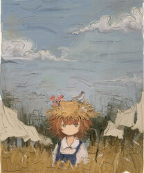  1girl :| absurdres animal animal_on_head bird bird_on_head blue_overalls blue_sky ciel_(paradis47) closed_mouth clothesline clouds collared_shirt commentary dated_commentary day denim denim_overalls expressionless faux_traditional_media field flower hat hat_flower highres laundry looking_at_viewer muted_colors negative_space no_nose on_head orange_hair original outdoors overalls painterly scenery shirt short_hair sky solid_eyes solo straight-on straw_hat untranslatable_commentary upper_body wheat_field white_shirt wind 