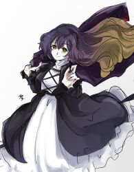  1girl black_dress commentary_request cross-laced_clothes cross-laced_dress dress gradient_hair highres hijiri_byakuren liver017 long_hair looking_at_viewer multicolored_hair orange_eyes orange_hair purple_hair solo touhou two-tone_dress white_background white_dress 