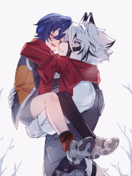  1boy 1girl belle_(zenless_zone_zero) black_vest blue_hair body_fur breath carrying ccxvi_201116 child_carry cold commentary_request furry furry_male furry_with_non-furry hetero highres interspecies looking_at_another outdoors red_eyes scarf short_hair simple_background sleeveless sleeveless_jacket snowing standing tail upper_body vest von_lycaon white_background white_fur white_hair wolf_boy zenless_zone_zero 