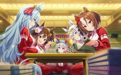  5girls ahoge animal_ears annoyed aqua_eyes arm_on_table artist_request blue_eyes blue_hair blue_hairband blunt_bangs blurry blurry_background book book_stack bow braid breasts brown_eyes brown_hair ceiling_light closed_mouth crest crossed_ankles crown_braid curtains diamond_hairband ear_covers ear_ornament ear_ribbon fang fingernails fox_mask from_side frown full_body game_asset grey_hair hair_between_eyes hair_bow hair_ornament hairband happy headband height_difference highres holding holding_pen holding_scroll horse_ears horse_girl horse_tail inari_one_(umamusume) indoors jacket kneeling large_breasts lattice light_frown light_particles long_hair long_sleeves mask mask_on_head mejiro_ardan_(umamusume) multicolored_hair multicolored_jacket multiple_girls official_art oguri_cap_(umamusume) one_ear_down open_mouth outline pants parted_lips pen pinwheel pinwheel_hair_ornament pointy_nose puffy_long_sleeves puffy_sleeves purple_bow reading red_headband red_jacket red_pants red_ribbon ribbon rubbing_eyes scroll short_hair short_twintails sitting skin_fang sleepy sleeves_past_wrists smile socks sphere_hair_ornament squeans squiggle stereo streaked_hair studying sweatpants table tail tamamo_cross_(umamusume) third-party_source track_jacket tsurime turtleneck turtleneck_jacket twintails two-tone_jacket umamusume very_long_hair violet_eyes white_jacket white_outline white_socks writing yaeno_muteki_(umamusume) yellow_bow yellow_hairband zipper 
