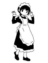 1girl apron closed_mouth dot_mouth dress expressionless frilled_apron frills full_body gosari_draw greyscale hands_up juliet_sleeves long_dress long_sleeves looking_at_viewer maid maid_apron maid_headdress monochrome original puffy_sleeves shoes short_hair simple_background solo standing white_background 