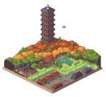  absurdres city dewndeym english_commentary highres ho-oh house outdoors pixel_art pokemon pokemon_(creature) pokemon_(game) pokemon_hgss pond simple_background tower tree white_background 