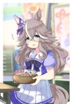  1girl absurdres animal_ears bangs blurry blurry_background blush bowl candy food green_eyes grey_hair hair_between_eyes highres holding holding_bowl horse_ears horse_girl horse_tail koishi_chikasa long_hair multicolored_hair open_mouth puffy_short_sleeves puffy_sleeves purple_shirt sailor_collar school_uniform shirt short_sleeves skirt smile solo streaked_hair table tail thick_eyebrows tracen_school_uniform translation_request umamusume white_skirt wonder_acute_(umamusume) 