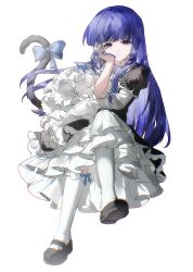  1girl absurdres black_dress black_shoes blue_bow blue_hair bow cat_tail chinese_commentary commentary_request crossed_legs dress expressionless frederica_bernkastel frilled_dress frilled_sleeves frills full_body hand_on_own_face highres hime_cut lolita_fashion long_hair long_sleeves looking_at_viewer mary_janes puffy_sleeves san_shui_lu_hua_jian shoes simple_background sitting socks solo tail tail_bow tail_ornament umineko_no_naku_koro_ni violet_eyes white_background white_dress white_sleeves white_socks 